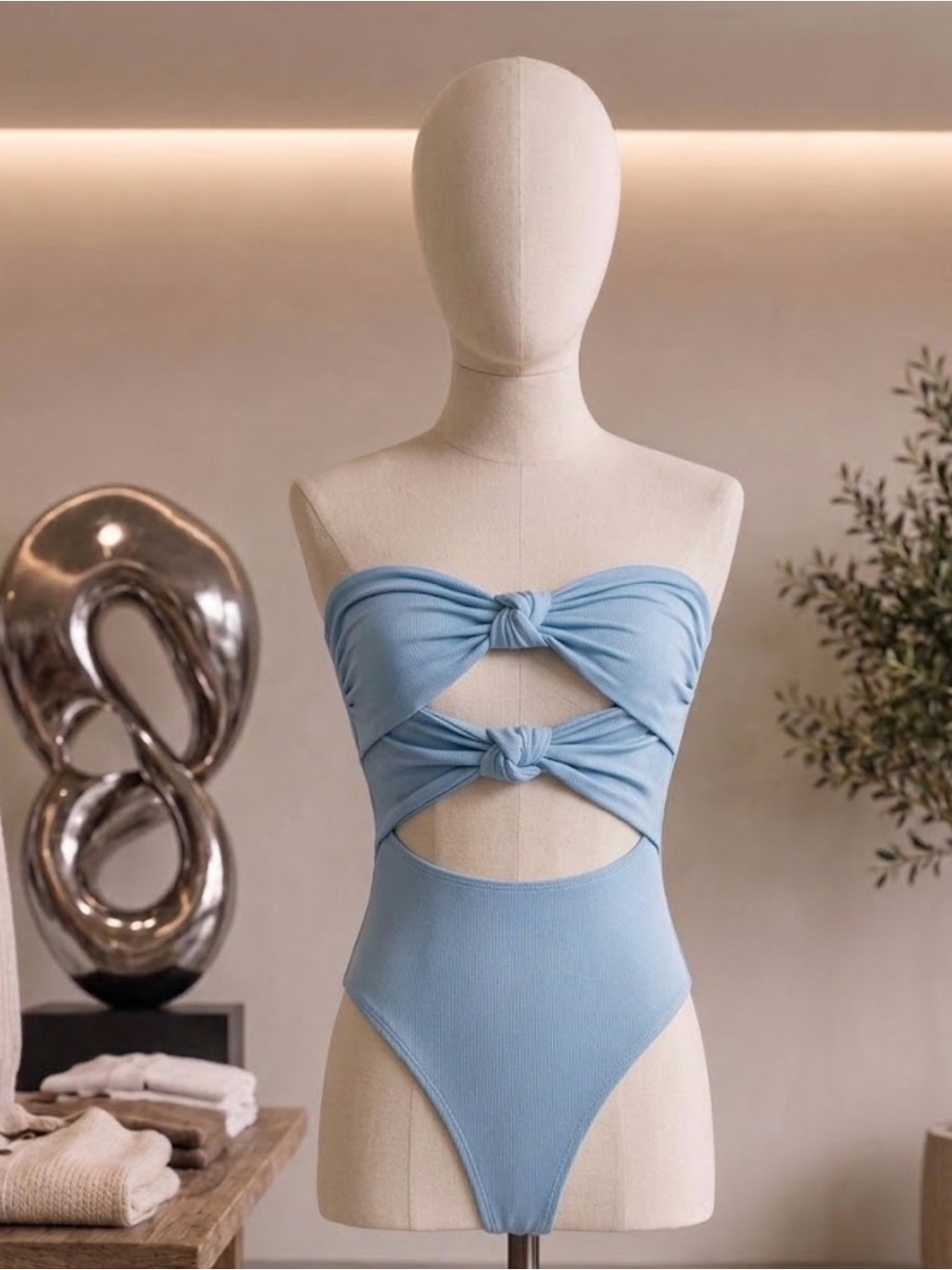 Oh Polly Light Blue Knotted Cutout Bodysuit